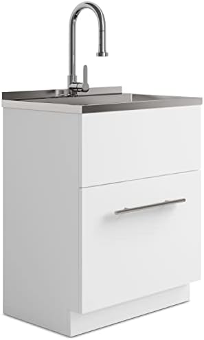 Модерният 28-инчов шкаф за бельо SIMPLIHOME Метро с кран и мивка от неръждаема стомана, се Изисква пълно събрание