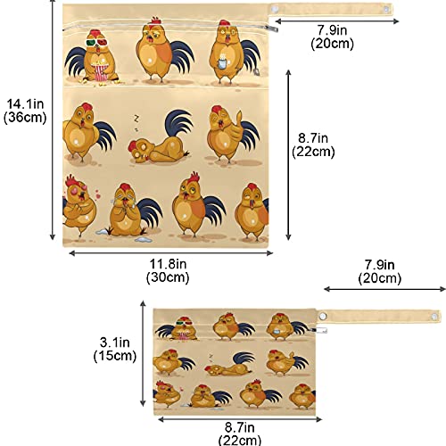 visesunny Забавен Петел с Анимационни Любимци, 2 бр., Влажна Чанта с Джобове с цип, Моющаяся Множество Голям Чанта за Памперси за Пътуване, Плаж, Басейн, Детска градина, Колички, Памперси, Мръсна спортни дрехи, Мокри