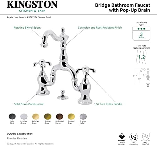 Поп Смесител за вана Kingston Brass KS7973TX French Country Bridge, Античен Месинг