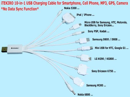 iTEKIRO AC Стенно Зарядно за Кола Dc Комплект за Sanyo DMX-FH1 + iTEKIRO 10-в-1 USB Кабел За зареждане