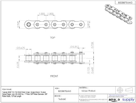 Роликовая верига Tsubaki 80NPTWRB ANSI, Одножильная, Клепаная, настоящата никел, - Инчов, № 80 ANSI, стъпка 1 , Диаметър валяк 5/8 Ширина валяк 5/8, дължина 10 метра