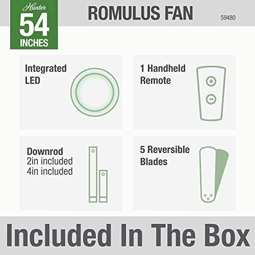 Хънтър Фен Company, 59480, 54-инчов вентилатор на Тавана Wi-Fi Romulus Матирано Сребристо с led подсветка и преносимо дистанционно управление, Интелигентен Фен